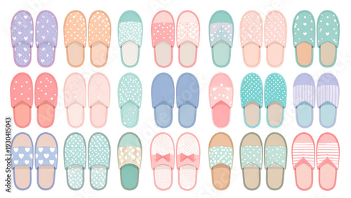 Colorful Cute Slippers Vector Set with Heart and Polka Dot Patterns – Flat Home Footwear Collection Isolated on White