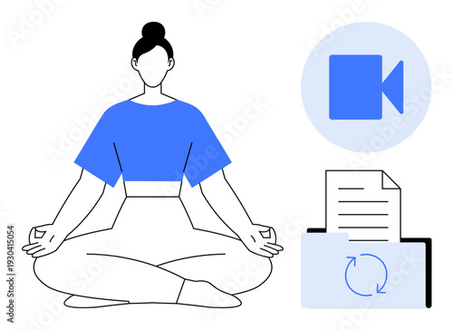 Mindfulness, remote work, digital collaboration, personal growth, productivity, wellness. Woman meditating, video call icon file with refresh symbol. Mindfulness and remote work concepts