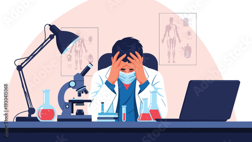 Exhausted male scientist wearing a medical mask and holding his head in frustration while working in a laboratory with research equipment.