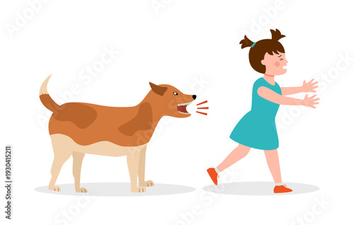 Cute little girl scared of bad barking dog in flat design.