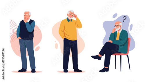 Three different illustrations of an elderly man in various poses of deep thought, contemplation, and searching for answers to a question.