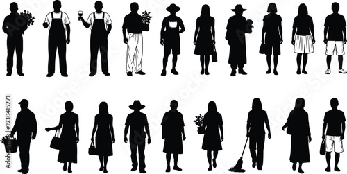 People silhouettes collection with gardeners, florists and daily life characters isolated on white background, men and women holding plants, flowers and tools