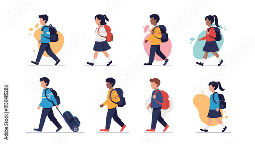 Group of children from diverse backgrounds walking to school with their backpacks and a rolling suitcase for a new day of education.