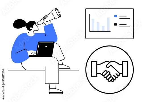 Business strategy. Woman using a telescope alongside analytics and handshake icons for business strategy. Business strategy s forward planning and effective collaboration. Ideal for planning