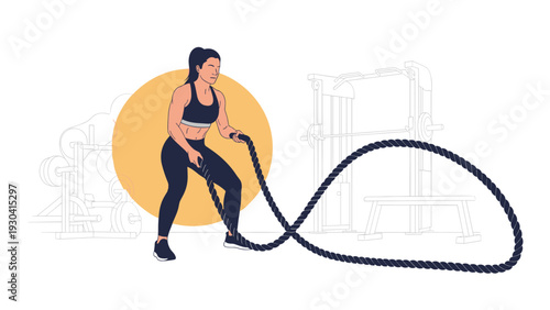 Strong young woman performing a high intensity workout using battle ropes in a gym setting with various weightlifting equipment around.