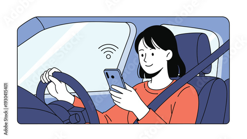 Young woman distracted by her smartphone while driving a car which represents a dangerous behavior and lack of focus on the road ahead.