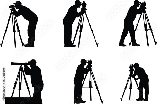 Photographer silhouettes with camera on tripod isolated on white background, professional cameraman shooting and filming concept for photography and videography themes
