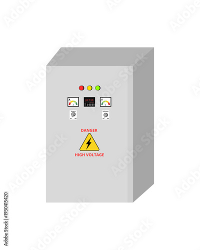 Electrical control panel cabinet illustration featuring high voltage warning sign, ampere and voltmeter indicators, control switches, and industrial monitoring system.
