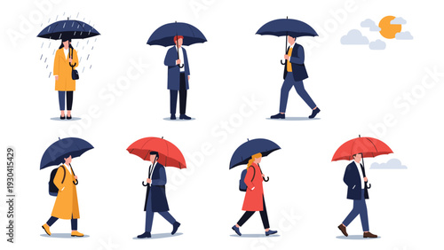Collection of various people in different outfits walking or standing while holding umbrellas during a rainy day with subtle cloud icons.