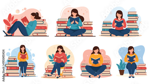 Set of young women sitting in different relaxed positions while immersed in reading various books against colorful abstract backgrounds.
