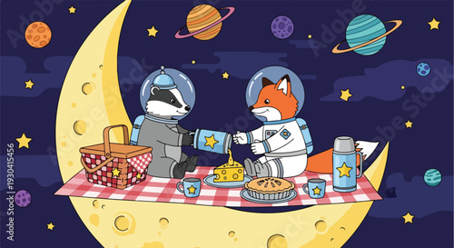 Two astronaut animal friends having a picnic on the moon in space