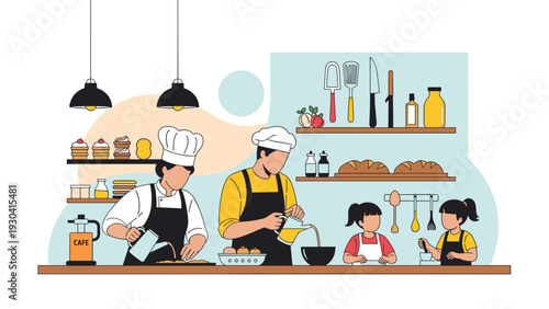 Professional pastry chefs and young children working together in a bakery kitchen to prepare delicious bread, cakes, and other treats.