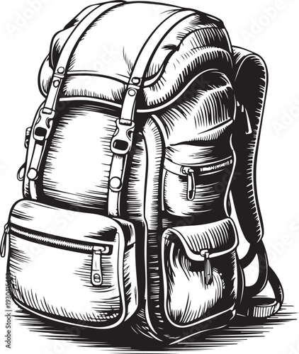 A detailed sketch of a sturdy backpack with multiple compartments and straps