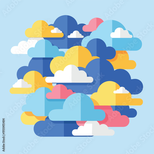 A colorful, whimsical collection of stylized, overlapping cloud shapes
