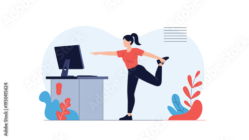 Young woman taking a healthy break from work to stretch her body while standing at her office desk with a computer monitor in front.
