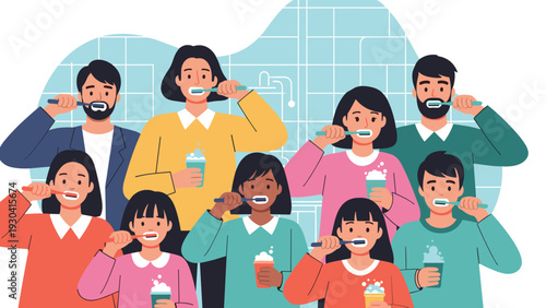 Diverse group of people from different ages and backgrounds brushing their teeth together to promote good dental hygiene and oral care.