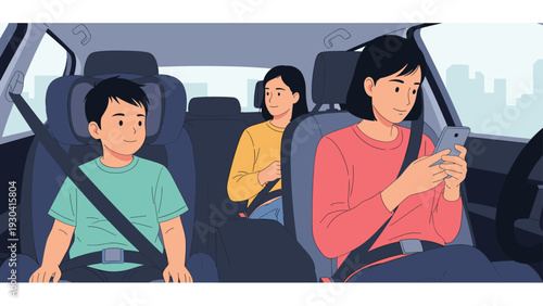 Concerned mother drives a car while distracted by her mobile phone as children sit in the back seat wearing their seatbelts during a trip.