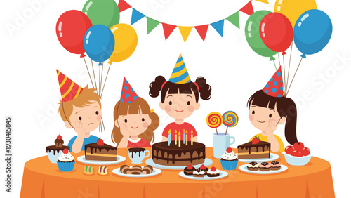 Happy diverse children wearing party hats gather around a table to celebrate a birthday with a delicious tiered chocolate cake and sweets.