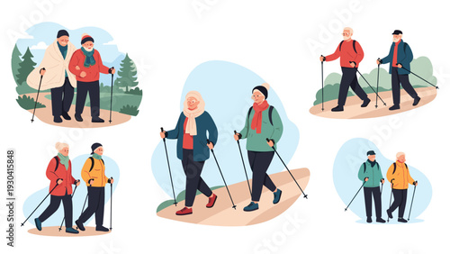 Collection of senior couples engaged in nordic walking exercise outdoors in nature during the winter season wearing warm seasonal clothing.