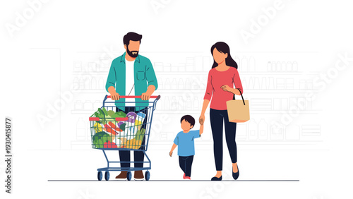 Happy family consisting of a father, mother, and small son walking through a grocery store aisle with a cart full of healthy fresh produce.