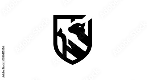 Black shield logo with animal design.