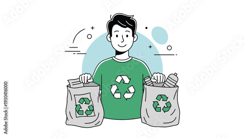Young man holding bags of recycled materials with green recycling symbols to promote waste management and environmental sustainability.