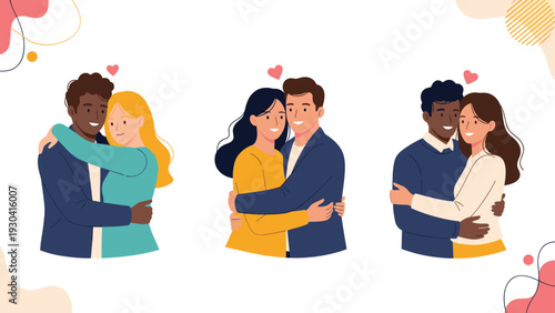 Diverse happy couples hugging and showing affection with small red hearts symbols floating around them isolated on a white background.