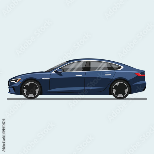 Pixelated illustration of a modern electric sedan with blue body