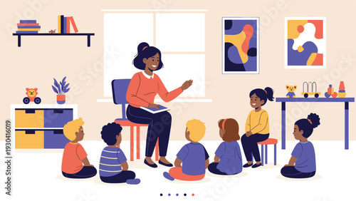 Dedicated teacher sitting on a chair and telling a story to a group of attentive children sitting on the floor in a colorful playroom.