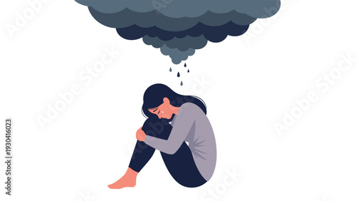 Sad young woman sitting in a fetal position and hugging her knees under a dark heavy rain cloud representing depression and loneliness.