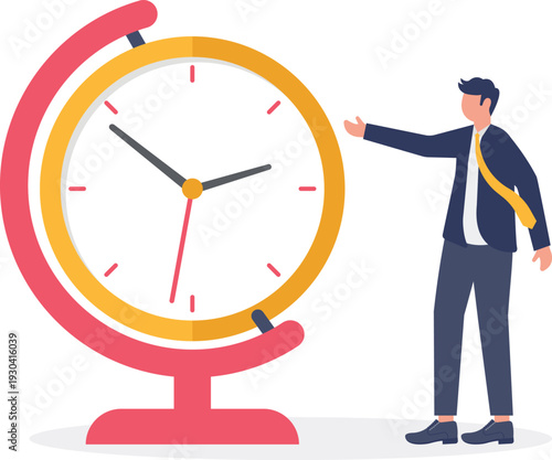 Businessman Standing Next to Large Desk Clock Timepiece