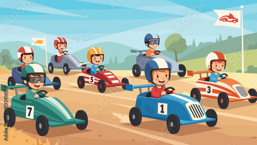 Energetic children racing colorful go-karts on a dirt track with spectators and green mountains under a bright sunny sky background.