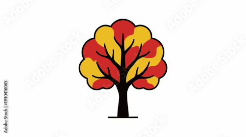 Stylized Autumn Tree with Red and Yellow Leaves Against a White Background Vector Illustration