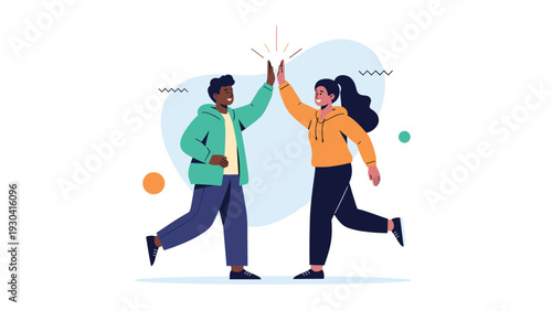 Two cheerful young people of different ethnicities celebrate with a enthusiastic high five in front of an abstract colorful background.