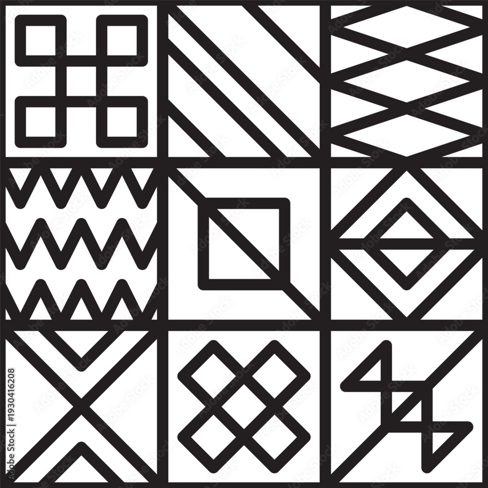 Fototapeta premium Simple Black Line Geometric Shape Arrangement on Square Tile Pattern