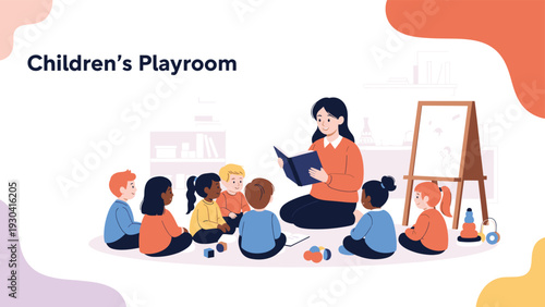 Teacher sitting on the floor reads an engaging book to a group of diverse children in a bright and creative school classroom playroom.