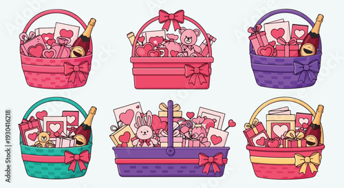 Six colorful baskets filled with gifts, bows, and festive items