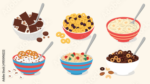 Various bowls of healthy cereal and breakfast oatmeal are served with fresh fruit toppings like bananas and berries.
