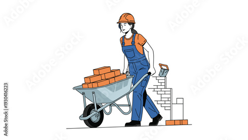 Strong female construction worker wearing a hard hat and overalls pushes a heavy wheelbarrow filled with clay bricks.