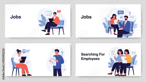 Diverse people are searching for jobs and attending interviews in this collection of human resources and recruitment scenes.