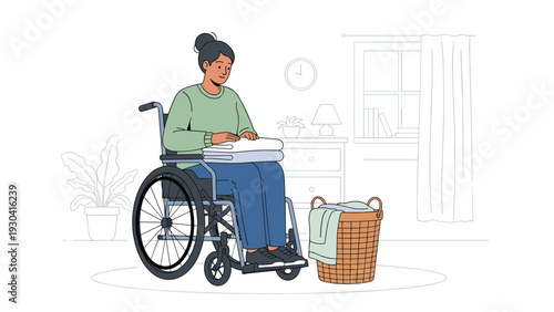 Dedicated woman sitting in a wheelchair is folding clean laundry neatly next to a wicker basket in her home setting.
