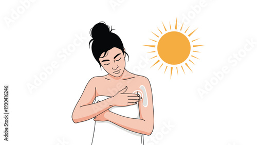 Young woman applies protective sunscreen lotion to her shoulder while standing under the bright rays of the summer sun.