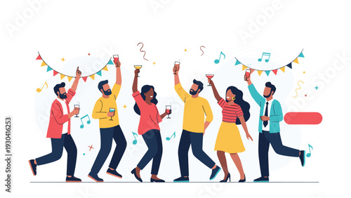 Diverse group of happy friends is celebrating and dancing together at a lively party with colorful decorations and music.