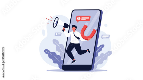 Successful businessman holding a megaphone and a magnet steps out of a large smartphone to attract new customers.