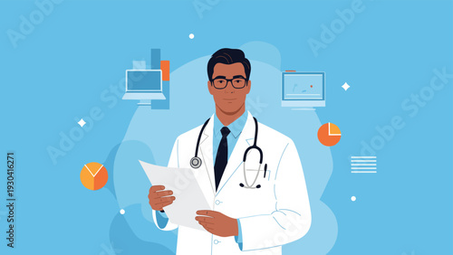 Male doctor wearing a white coat and stethoscope holds medical records with healthcare data icons in the background.