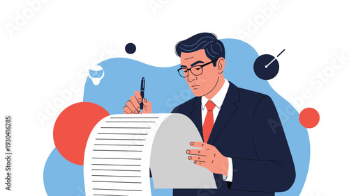 Serious businessman wearing a suit and glasses is carefully signing a long legal document or business contract.