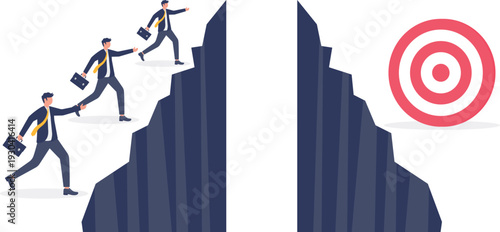 Business Team Climbing Cliffs Toward Red Target Board Objective