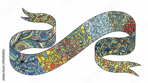 A decorative banner featuring a repeating abstract stained glass pattern