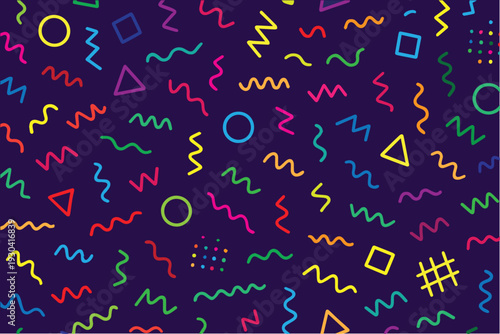 Abstract vector art background featuring bold geometric Memphis lines and playful shapes in a dynamic modern pattern.