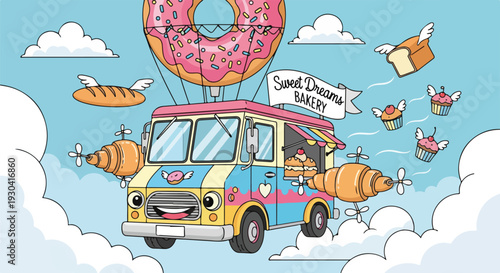 Whimsical illustration of a bakery truck with flying pastries in sky